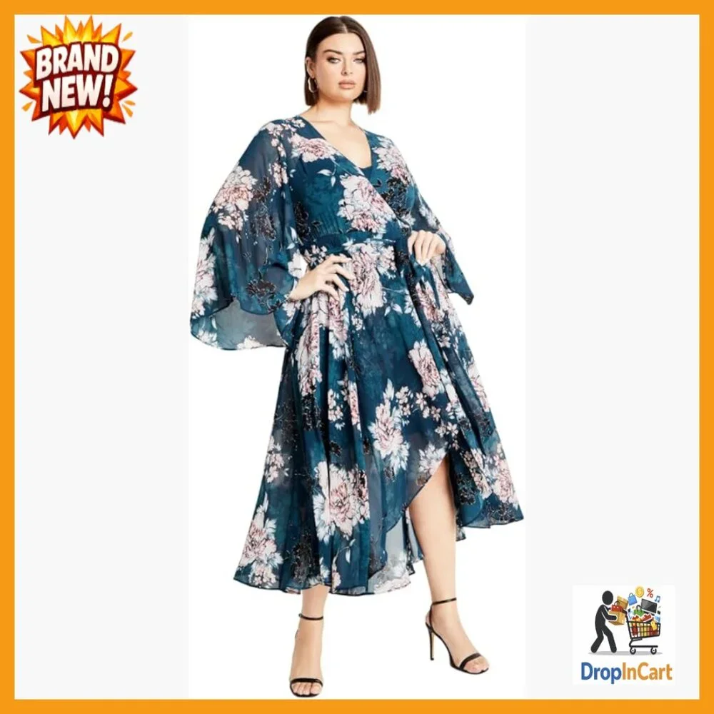 Floral Print Maxi Dress Wrap Style Bell Sleeves Chiffon Plus Size Elegant